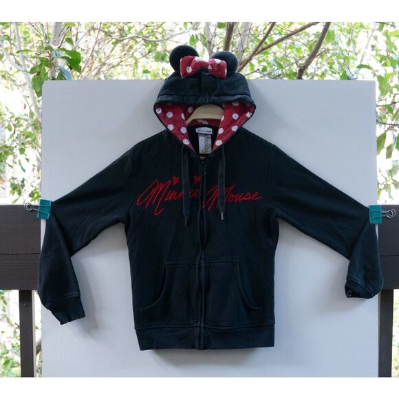 Disney Parks Minnie Mouse Zip Up Jacket Hoodie Ears Bow Size S - Picture 1 of 6
